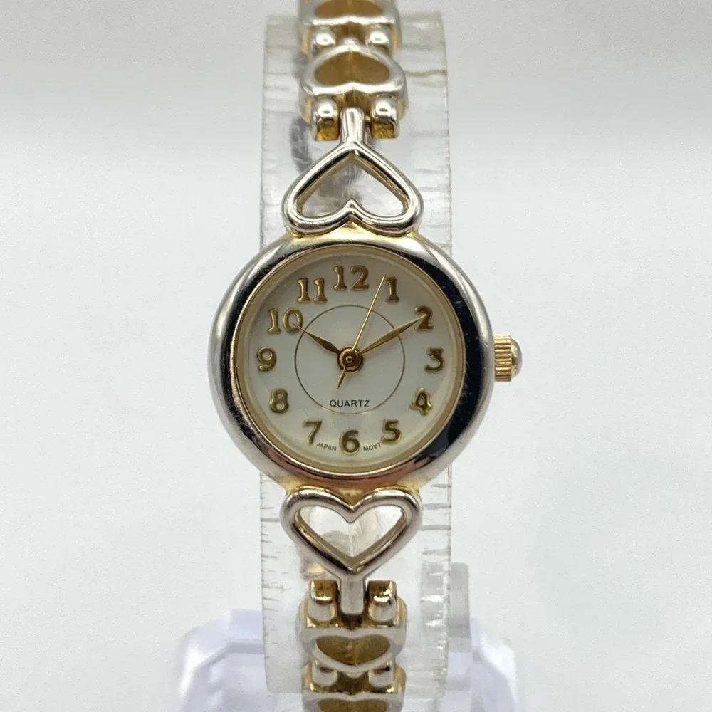 Vintage Women's Watch Heart Links Silver Gold Tone 21mm New Battery SMALL 6